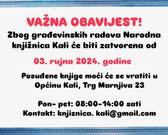 Narodna knjižnica Kali privremeno zatvorena zbog građevinskih radova na sanaciji