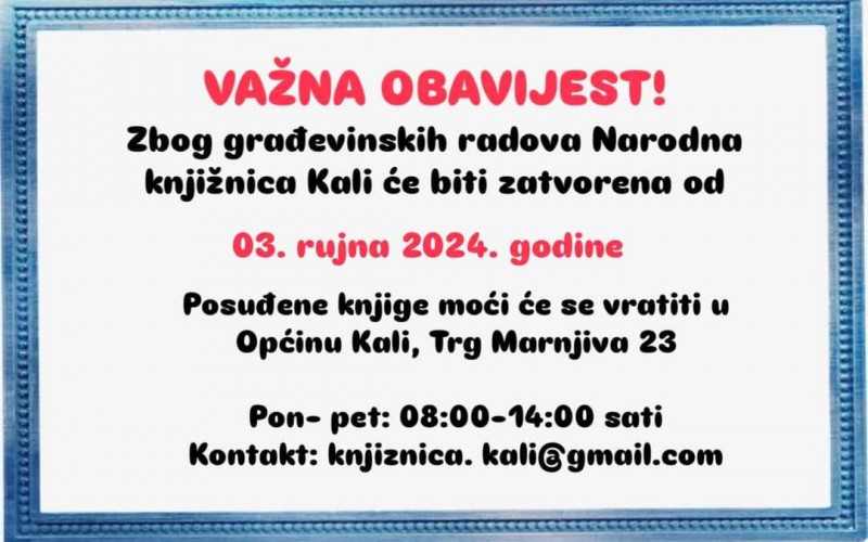 Narodna knjižnica Kali privremeno zatvorena zbog građevinskih radova na sanaciji